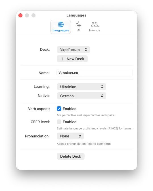 Deck management in Fluent Settings.