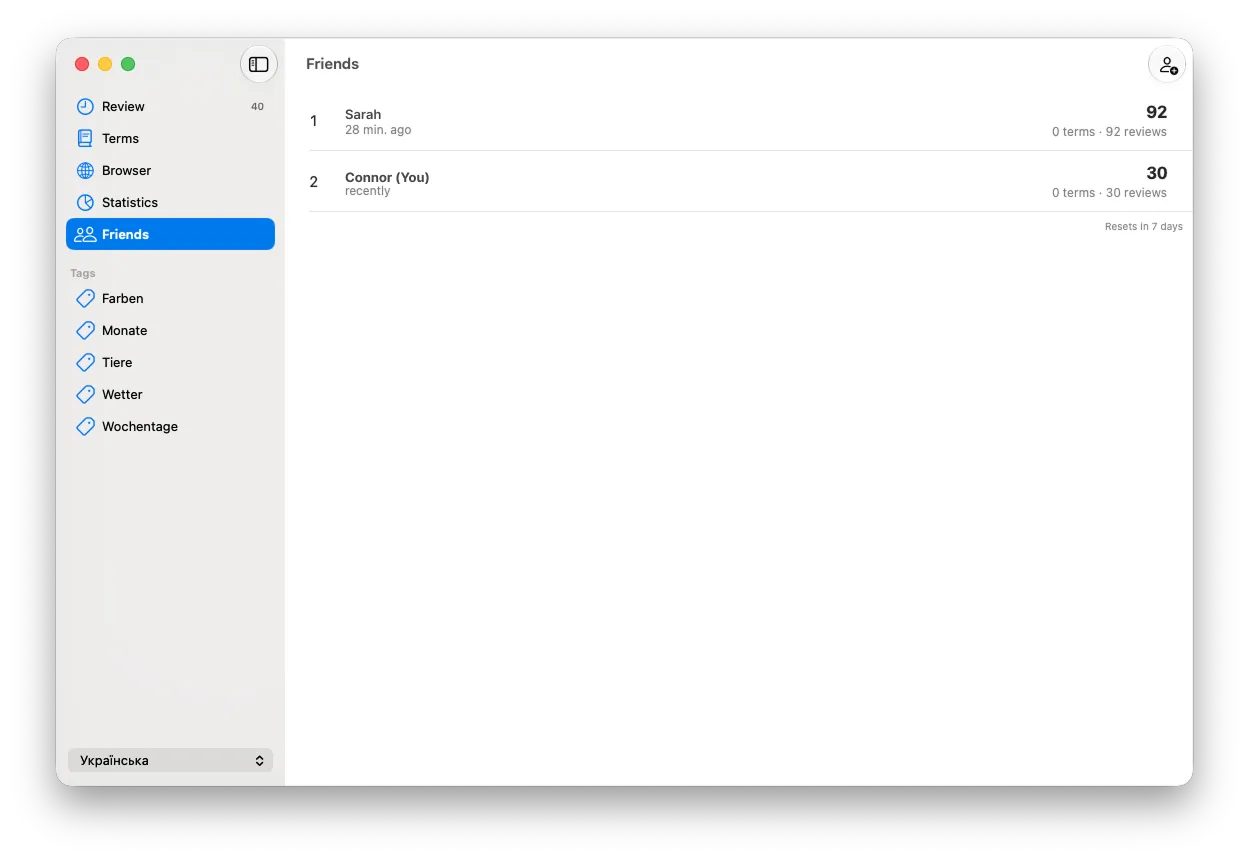 Fluent weekly friends leaderboard on macOS