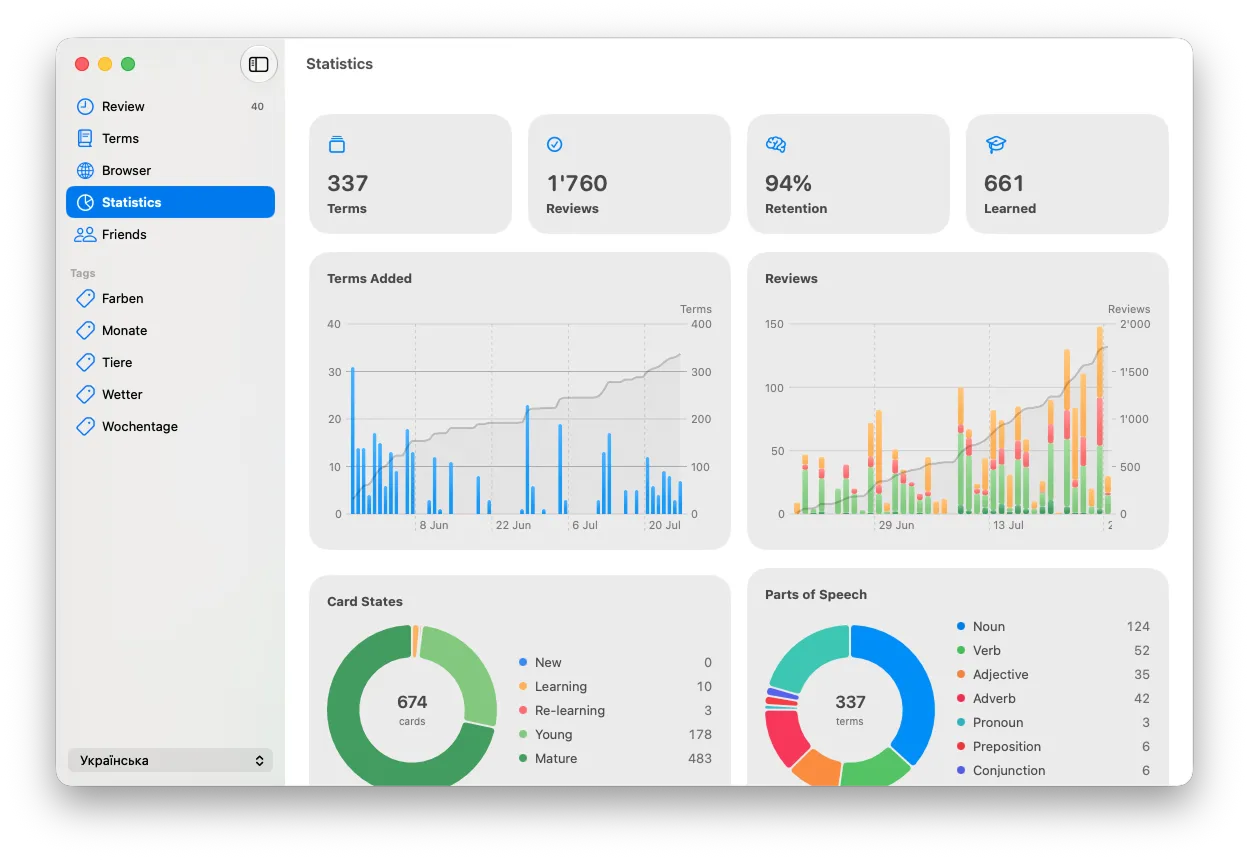 Fluent vocabulary statistics on macOS