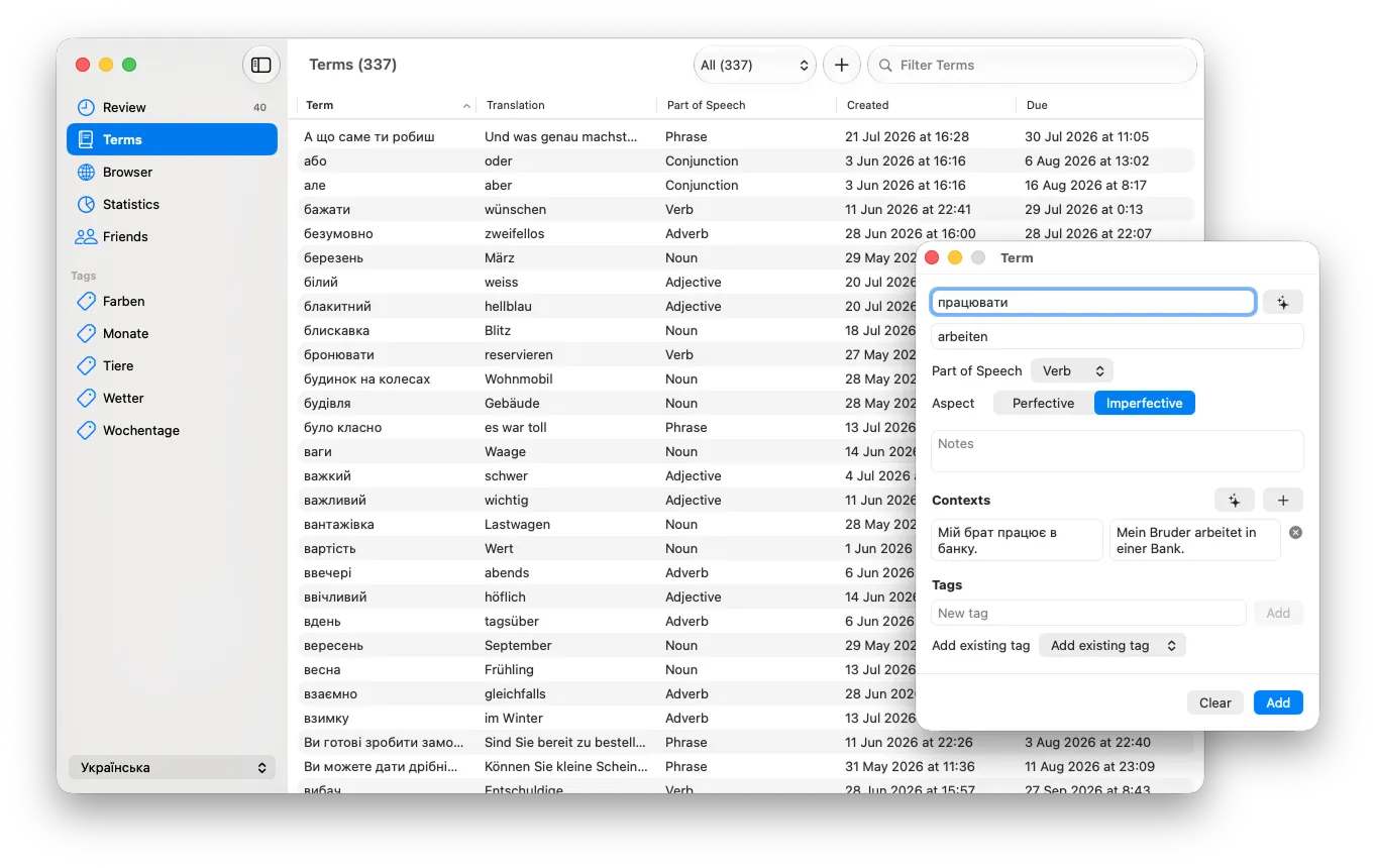 Reviewing vocabulary in Fluent on macOS