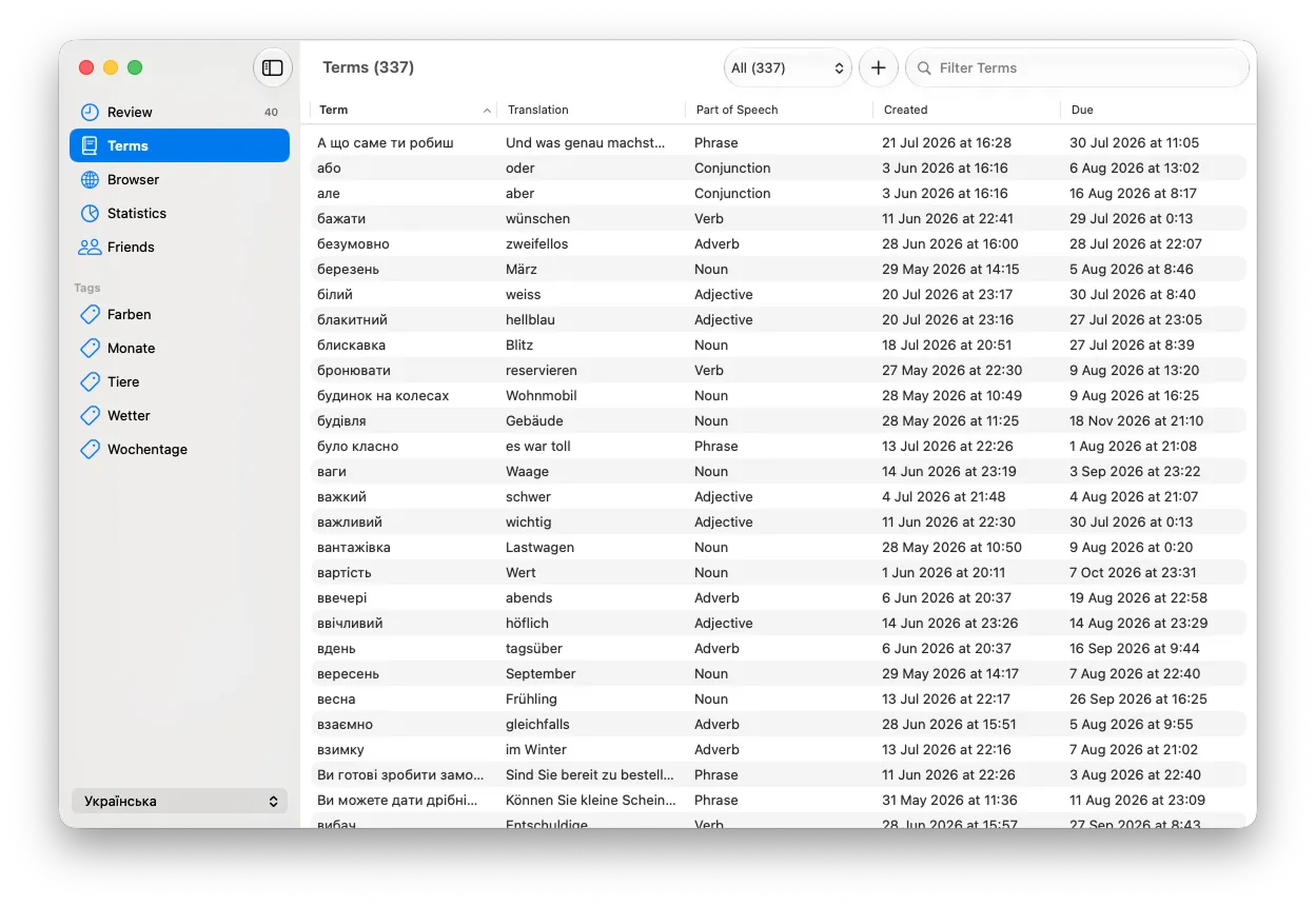 Fluent vocabulary list on macOS