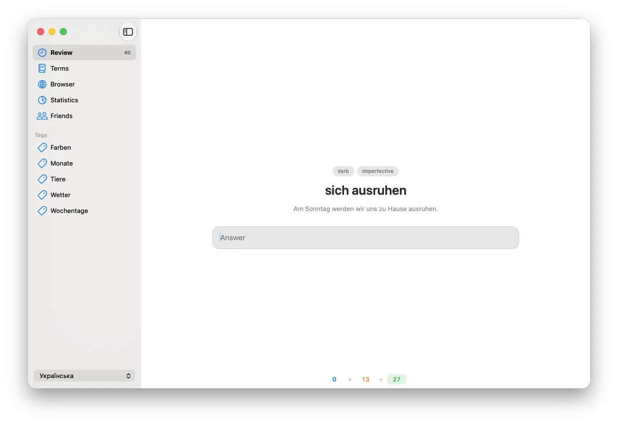 Typing an answer during a Fluent vocabulary review on macOS